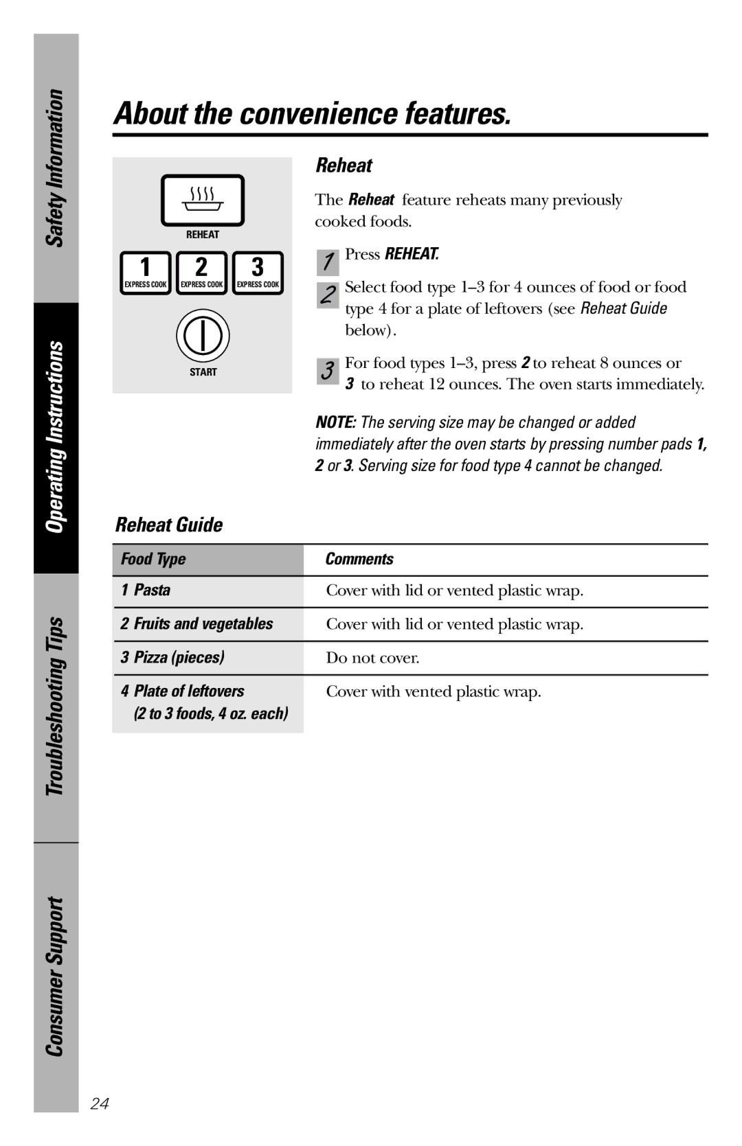 GE JES831 owner manual About the convenience features, Reheat Guide 