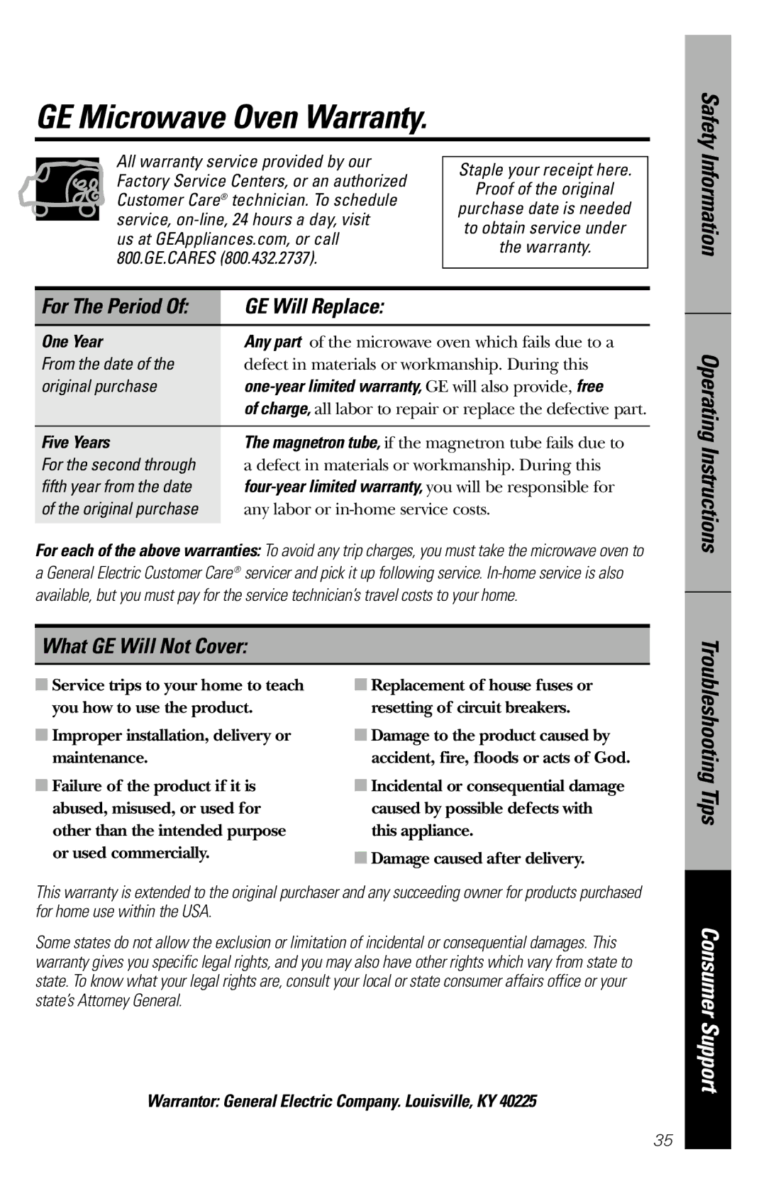GE JES831 owner manual GE Microwave Oven Warranty, GE Will Replace, What GE Will Not Cover 