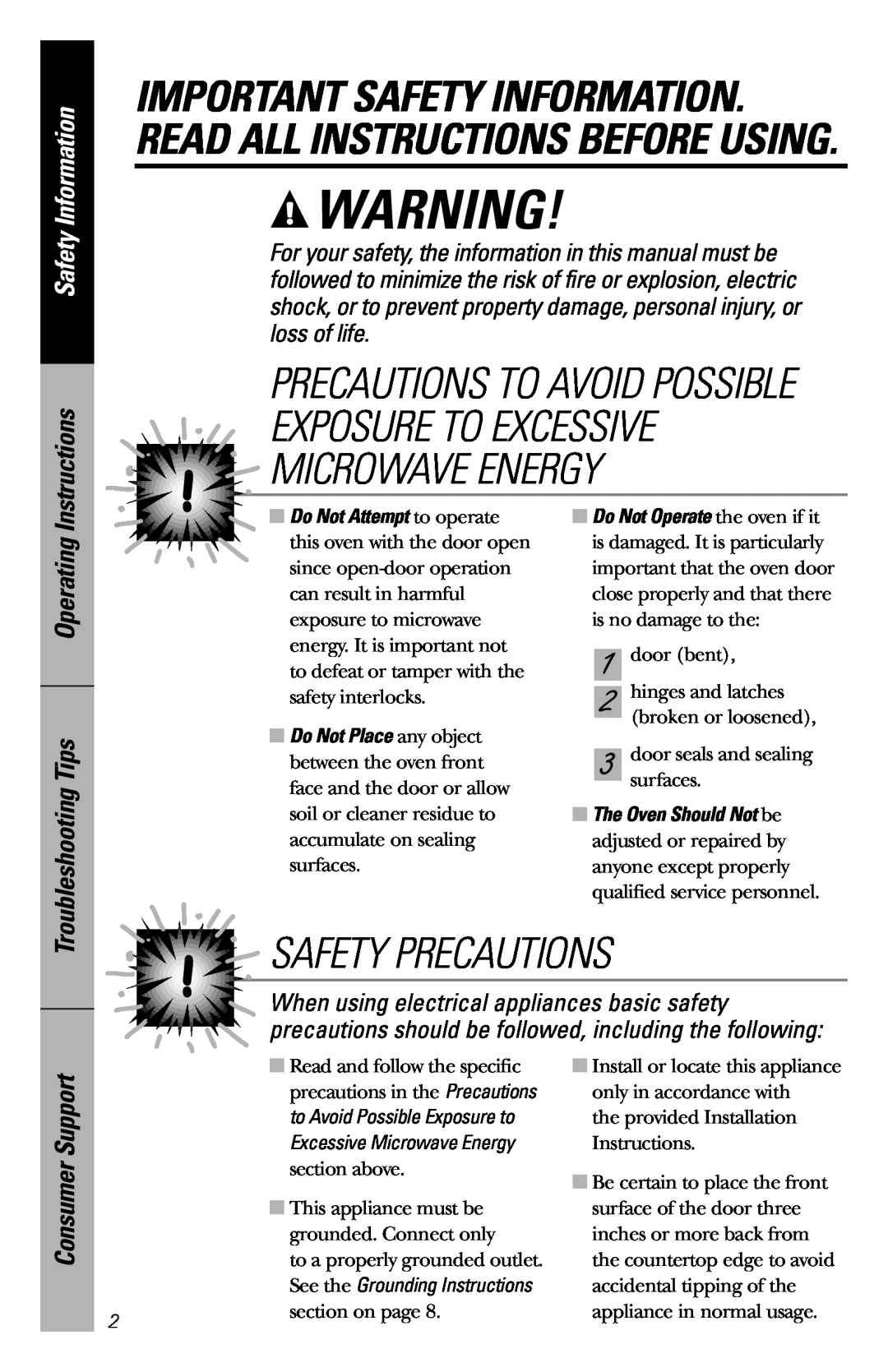 GE JES831 Safety Precautions, Important Safety Information. Read All Instructions Before Using, Consumer Support 