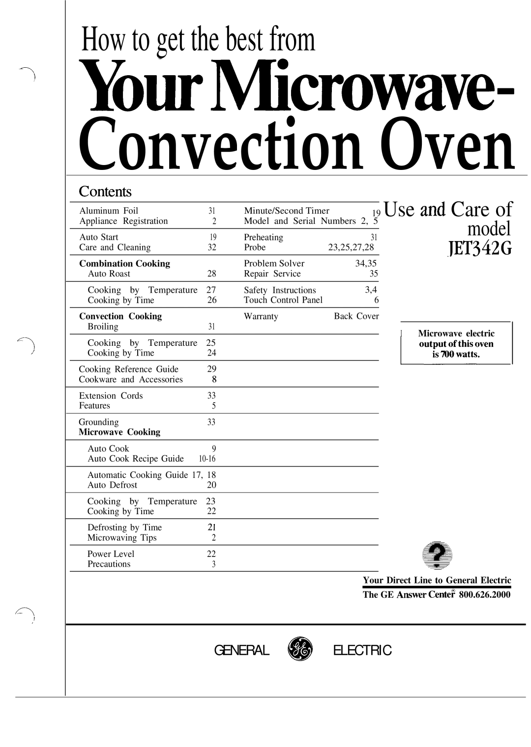 GE JET342G warranty Combination Cooking, Convection Cooking, Microwave electric, Microwave Cooking 