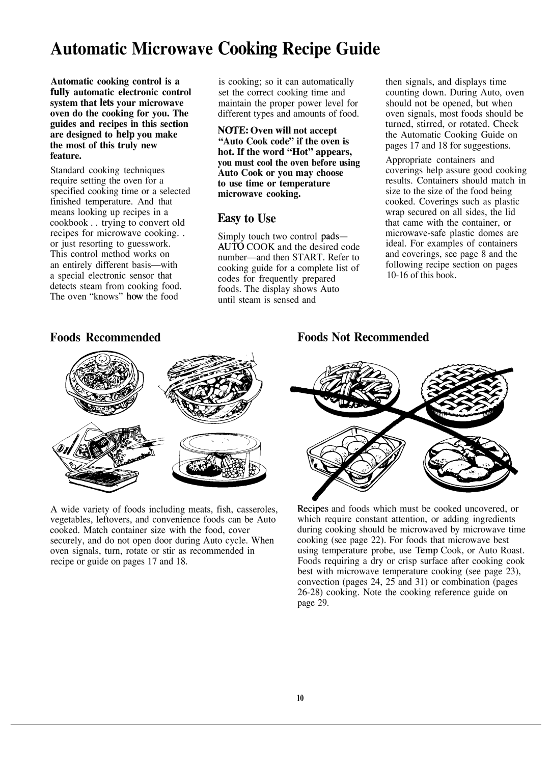 GE JET342G warranty Automatic Microwave CooKng Recipe Guide, Wsy to Use, Foods Recommended, Foods Not Recommended 