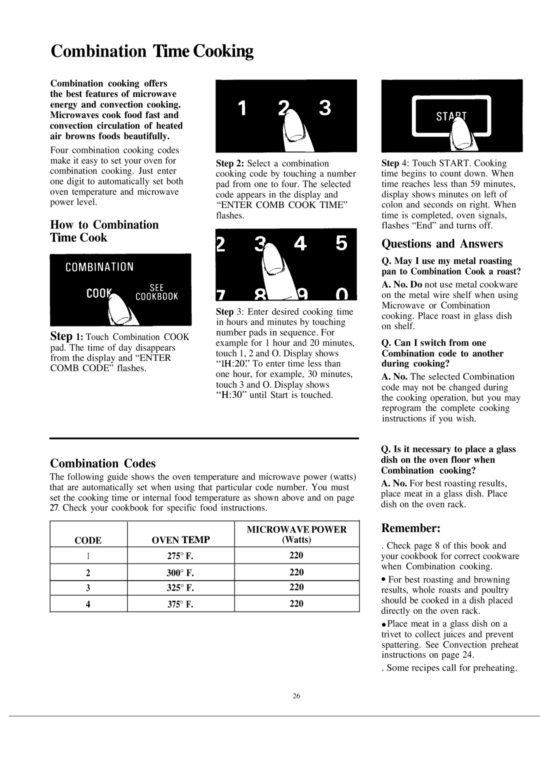 GE JET342G warranty Combination ~me CooKng, Combination Codes, Remember, How to Combination ~me Cook 