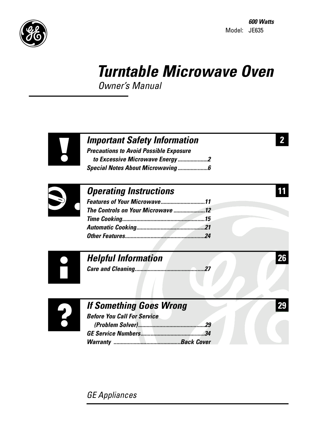 GE JF635 warranty Watts, Before You Call For Service 