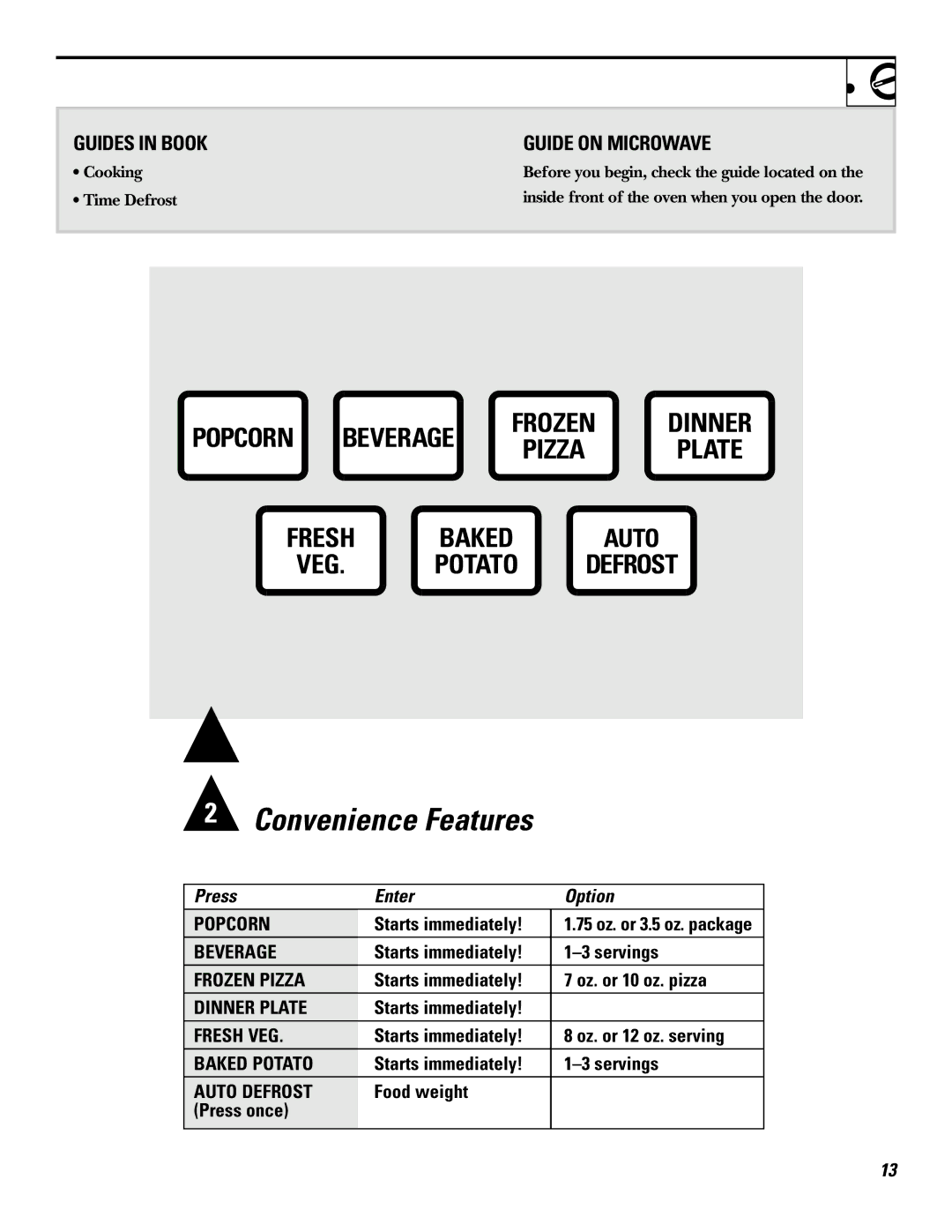 GE JF635 warranty Press Enter Option, Starts immediately Servings, Starts immediately Oz. or 10 oz. pizza 