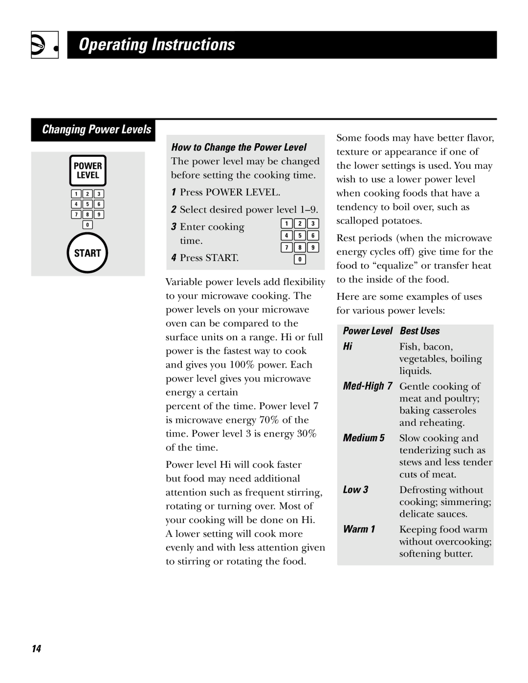 GE JF635 warranty Changing Power Levels 