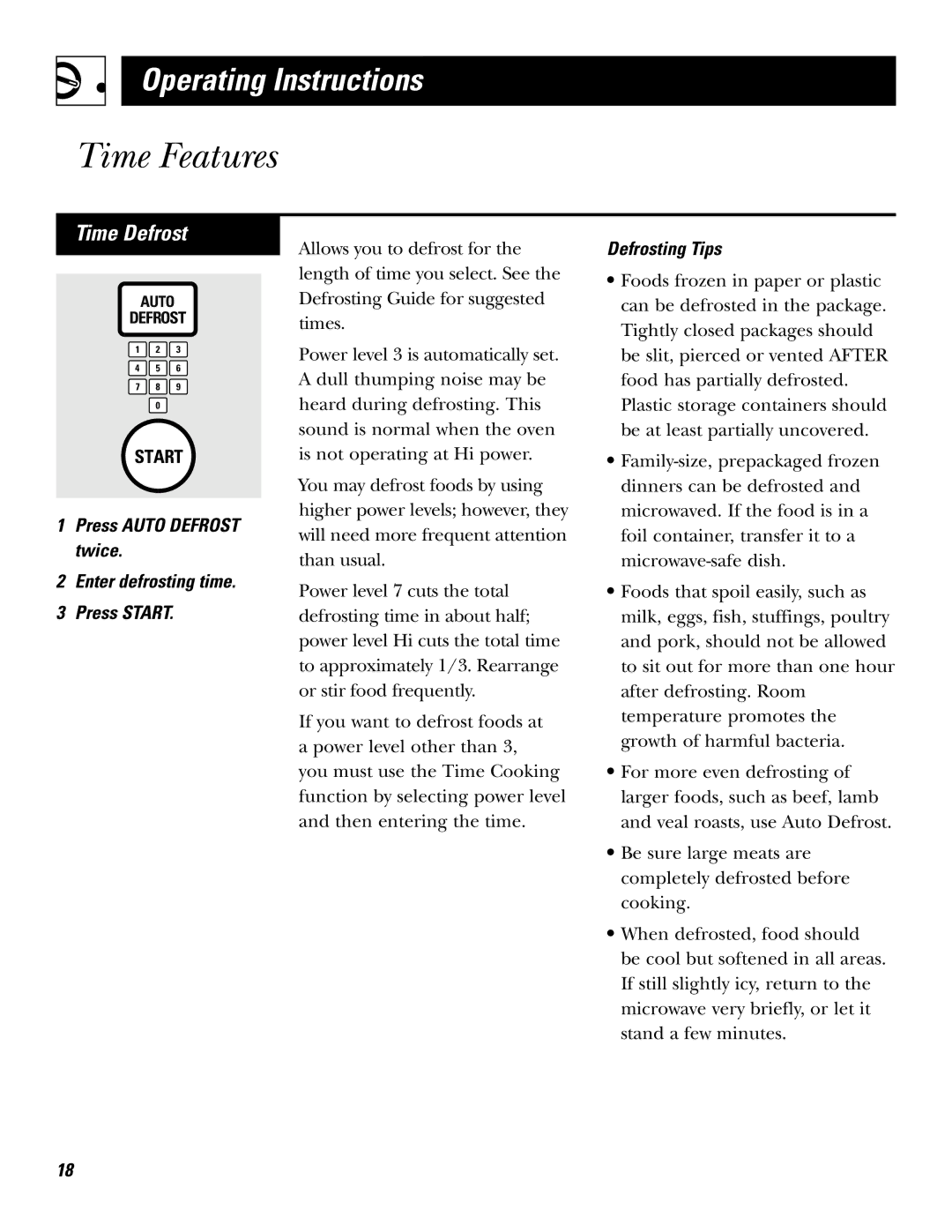 GE JF635 warranty Time Defrost, Press Auto Defrost twice Enter defrosting time Press Start, Defrosting Tips 