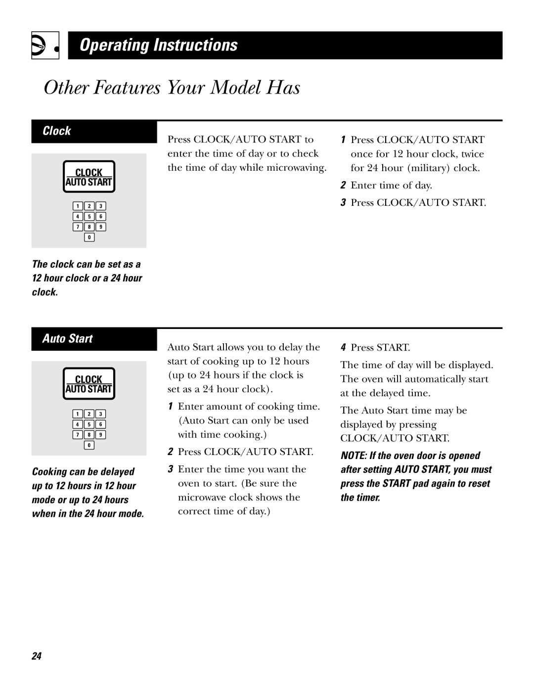 GE JF635 warranty Other Features Your Model Has, Auto Start, Clock can be set as a 12 hour clock or a 24 hour clock 