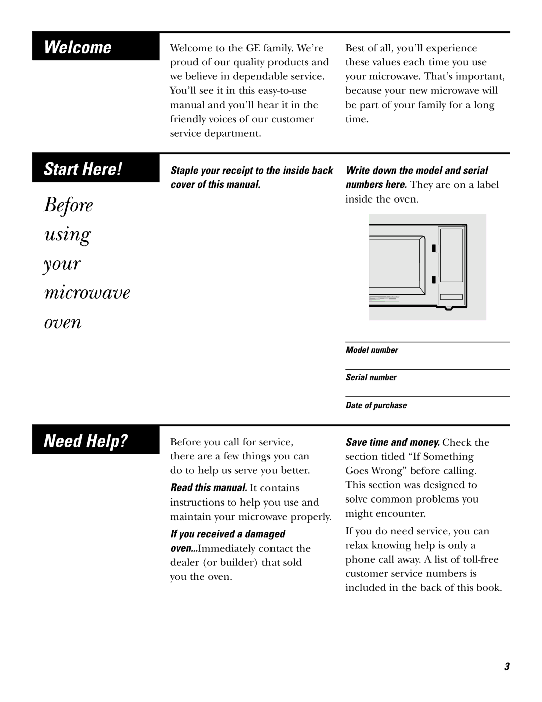 GE JF635 warranty Before Using Your Microwave Oven, Write down the model and serial, Cover of this manual 