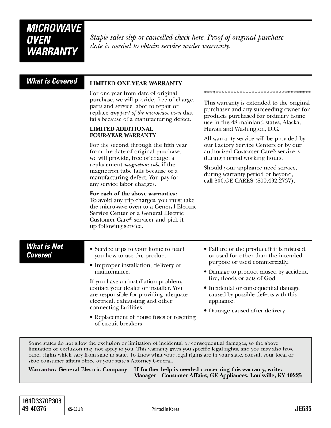 GE JF635 warranty Microwave Oven Warranty, What is Not Covered 