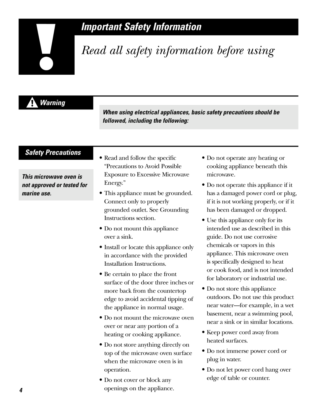 GE JF635 warranty Safety Precautions, This microwave oven is not approved or tested for marine use 