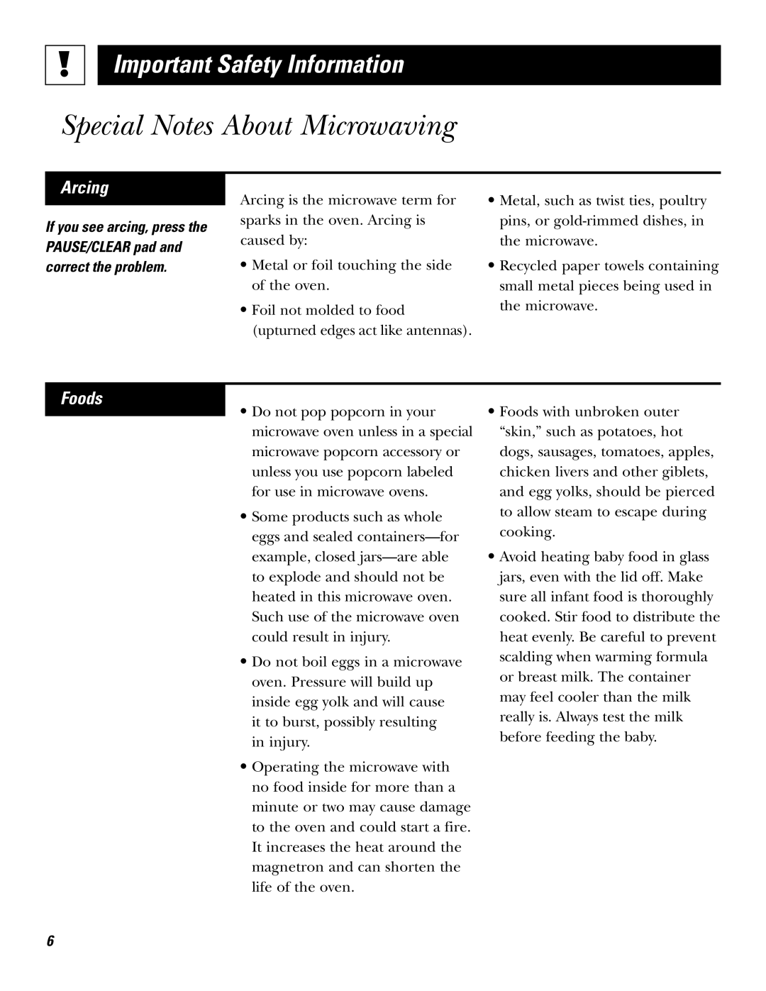 GE JF635 warranty Special Notes About Microwaving, Arcing, Foods 