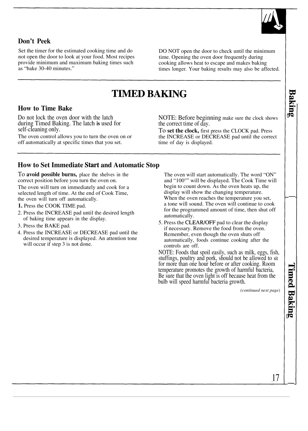 GE JGBP26, JG5P38, JG5P34 Don’t Peek, How to Time Bake, How to Set Immediate Sbrt and Automatic Stop, Correct time of day 