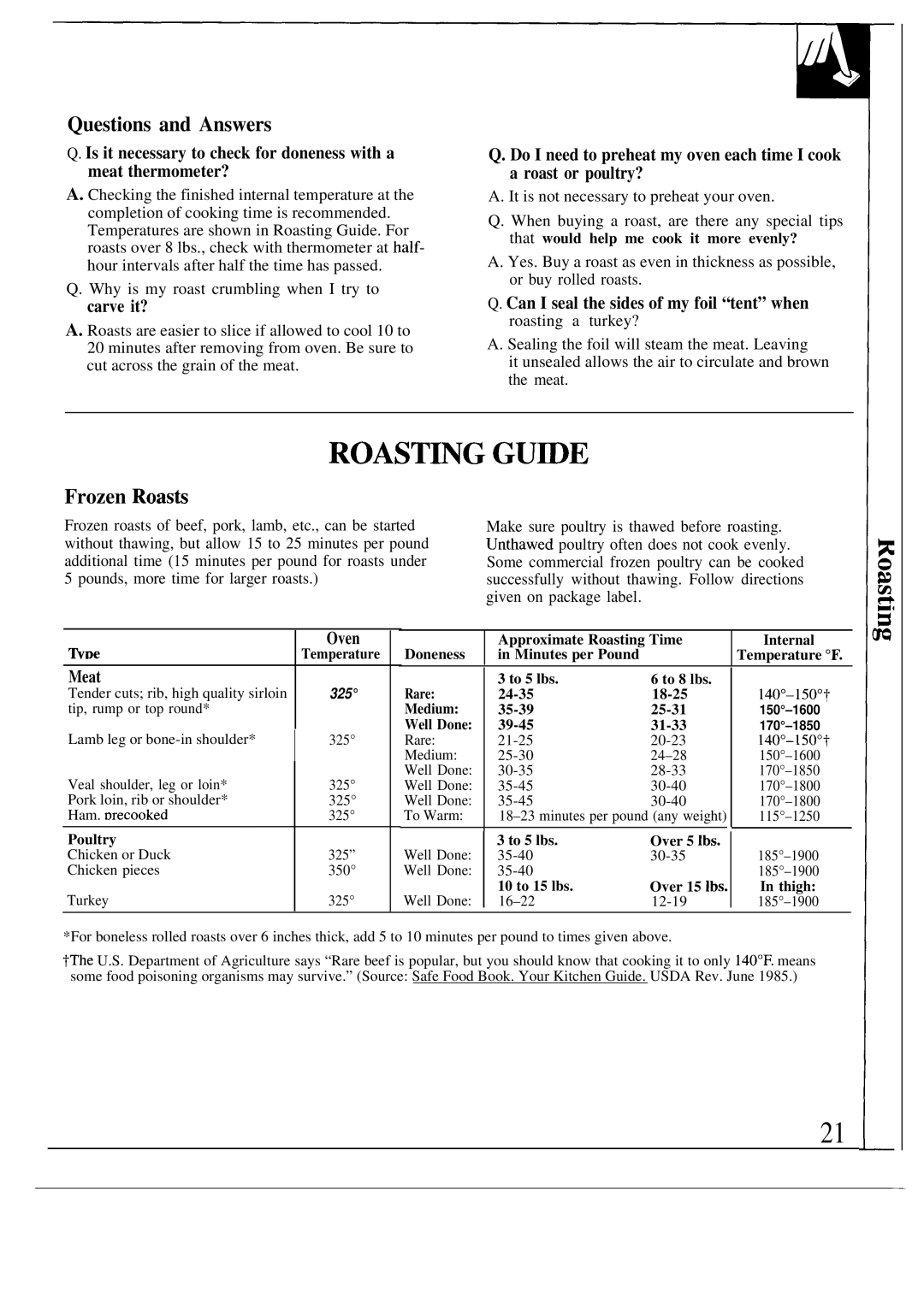 GE JG5P38, JG5P34, JGBP26 manual Roast~G Gu~E, Questions and Answers, Frozen Roask 