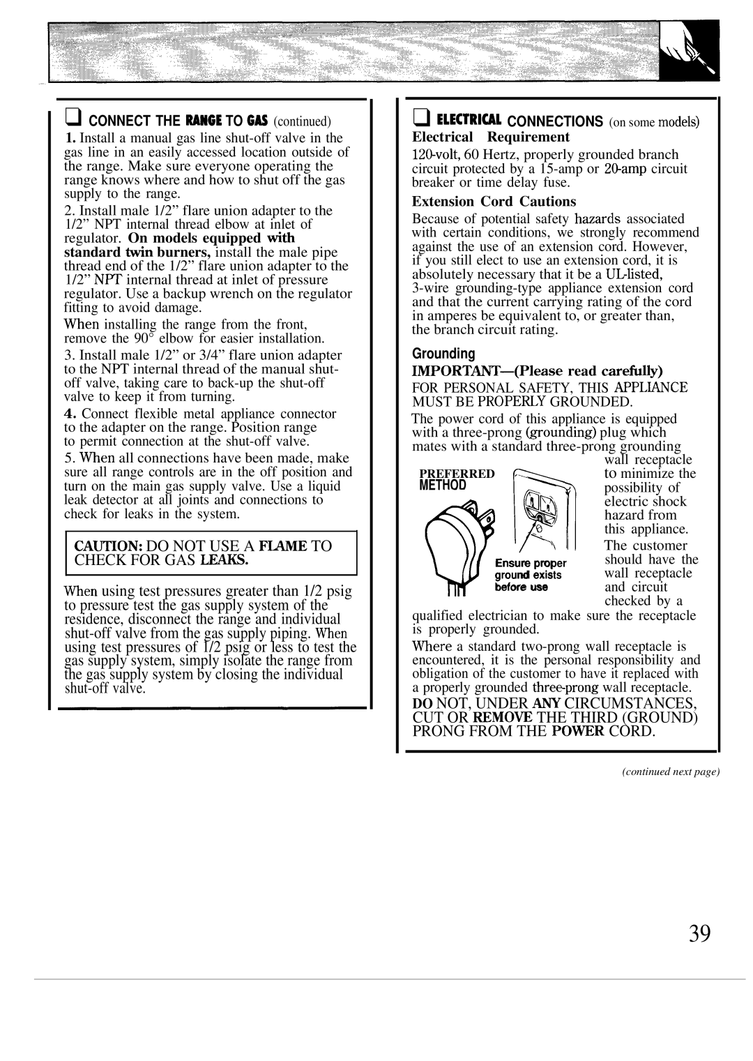 GE JG5P38, JG5P34, JGBP26 manual Connect the Whge to GX, Grounding, Method 