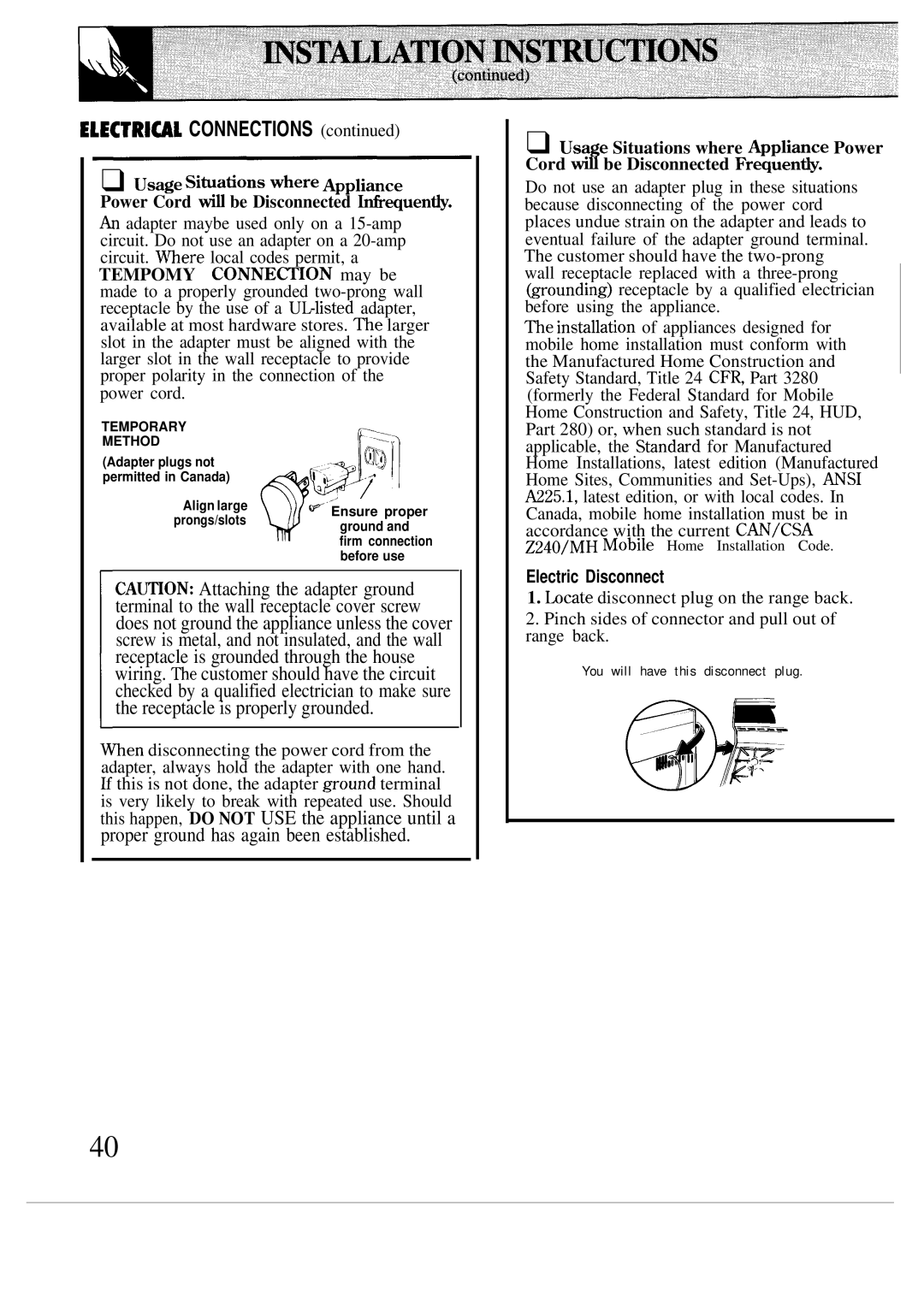 GE JG5P34, JG5P38, JGBP26 manual Electriul Connections, Electric Disconnect 