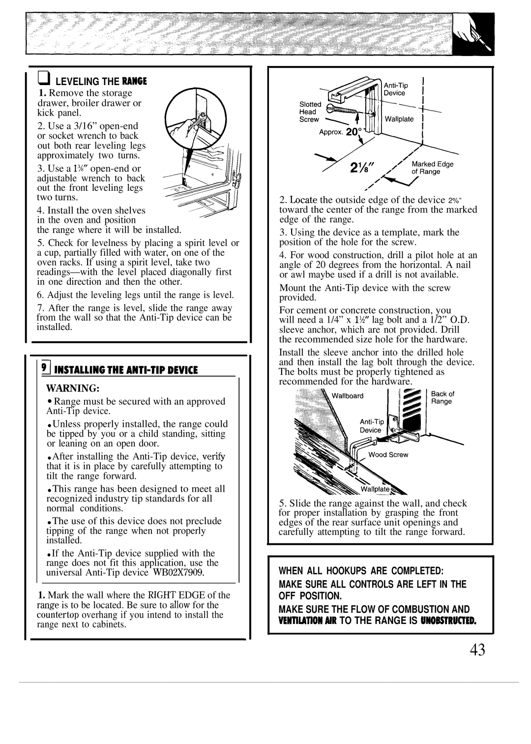 GE JG5P34, JG5P38, JGBP26 manual Leveling the Range, Wing 