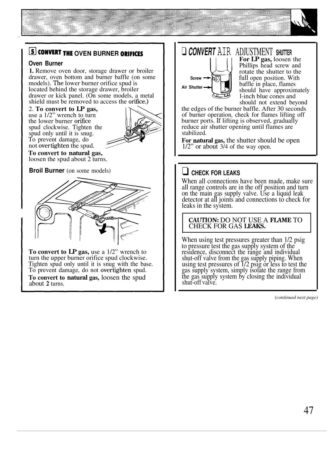 GE JGBP26, JG5P38, JG5P34 manual About 2 turns, Convert the Oven Burner Orifices, Check for Leaks 