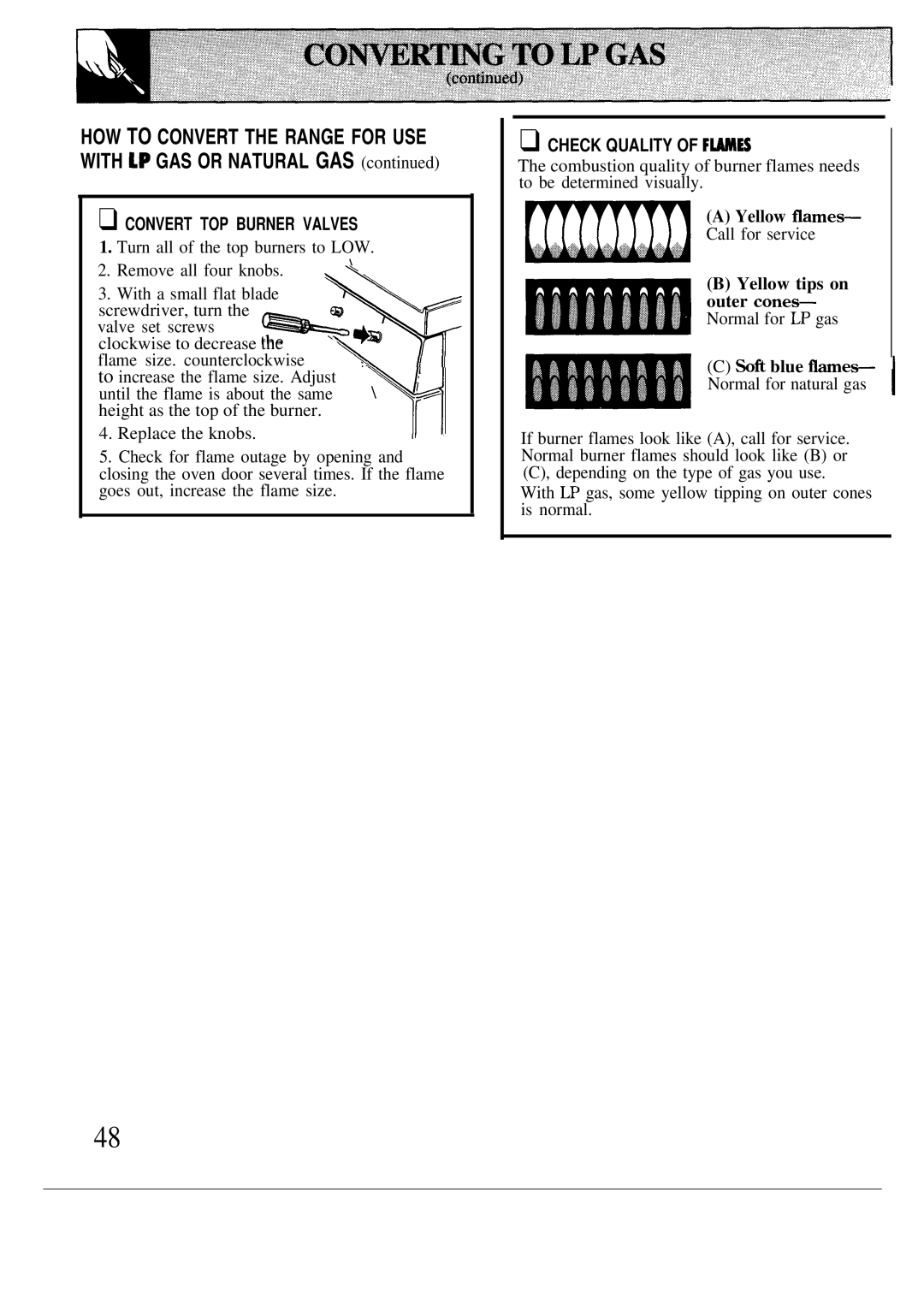 GE JG5P38, JG5P34, JGBP26 manual Convert TOP Burner Valves, Check Quality of Fmes, Yellow flames 