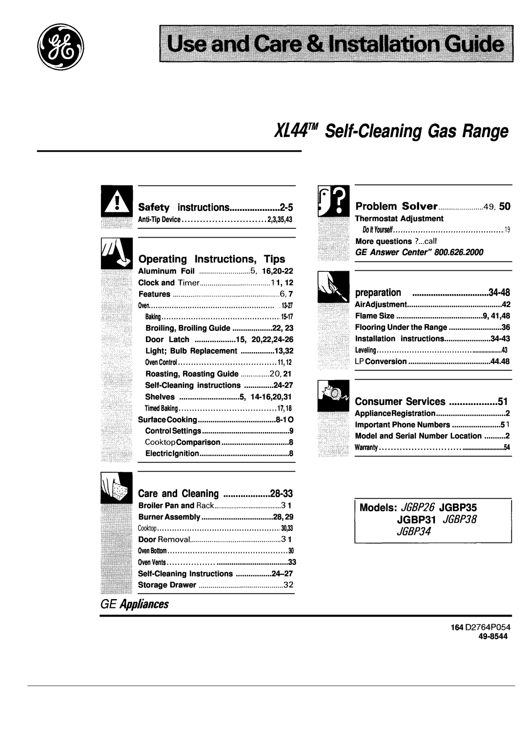 GE JG5P34, JG5P38, JGBP26 manual Xl@TM Self-Cleaning Gas Range, GE Appiances, Operating Instructions, Tips, 28-33, 34-48 