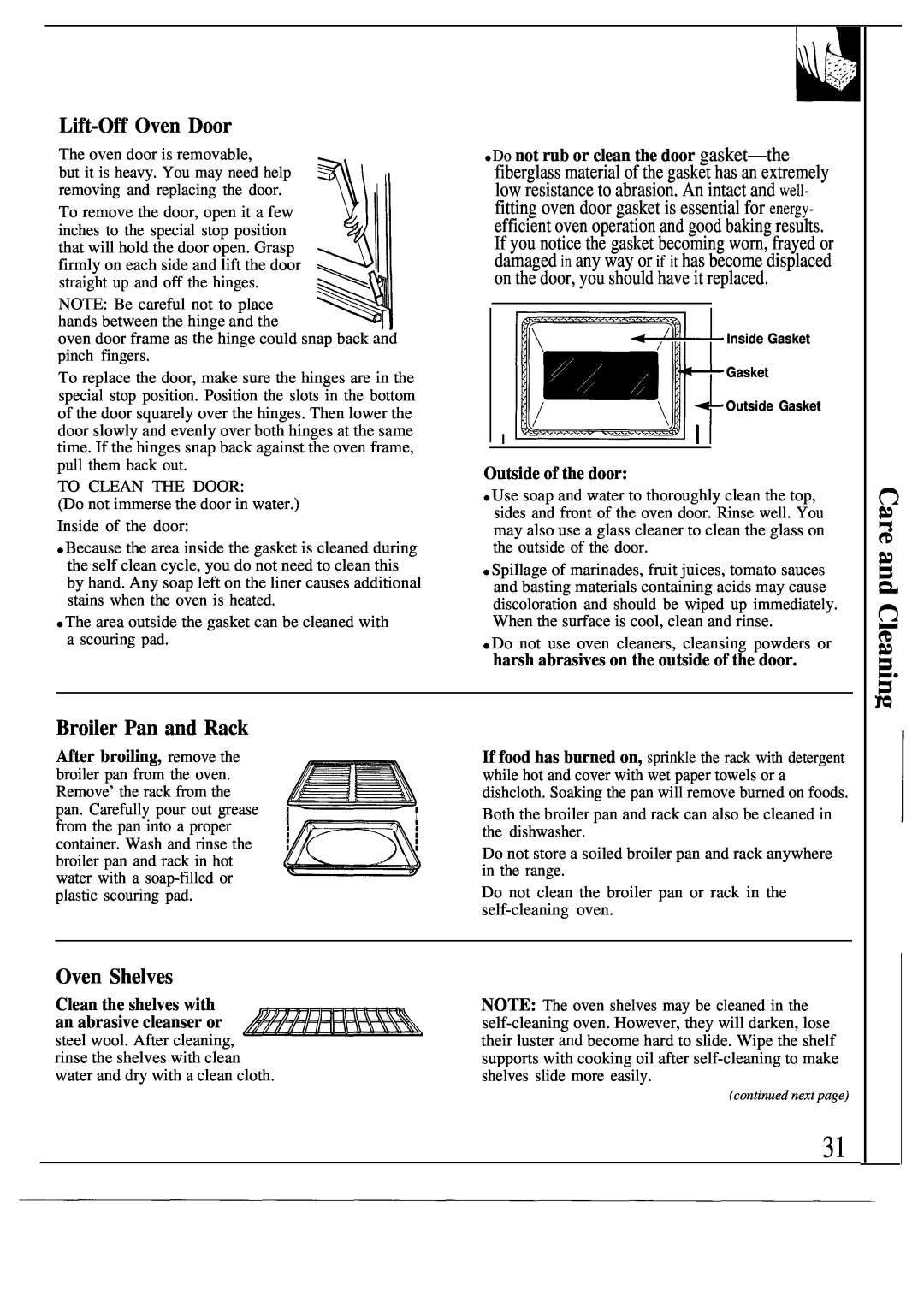 GE JG5P34, JG5P38 Lift-Off Oven Door, Broiler Pan and Rack, Do not rub or clean the door gasket-the, Outside of the door 