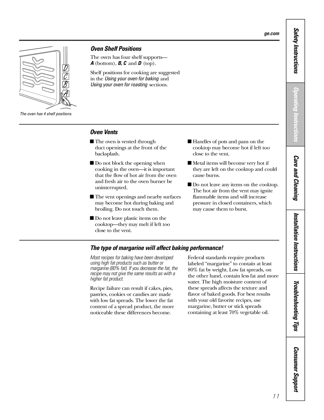 GE JGAS02 owner manual Oven Shelf Positions, Oven Vents, Type of margarine will affect baking performance 