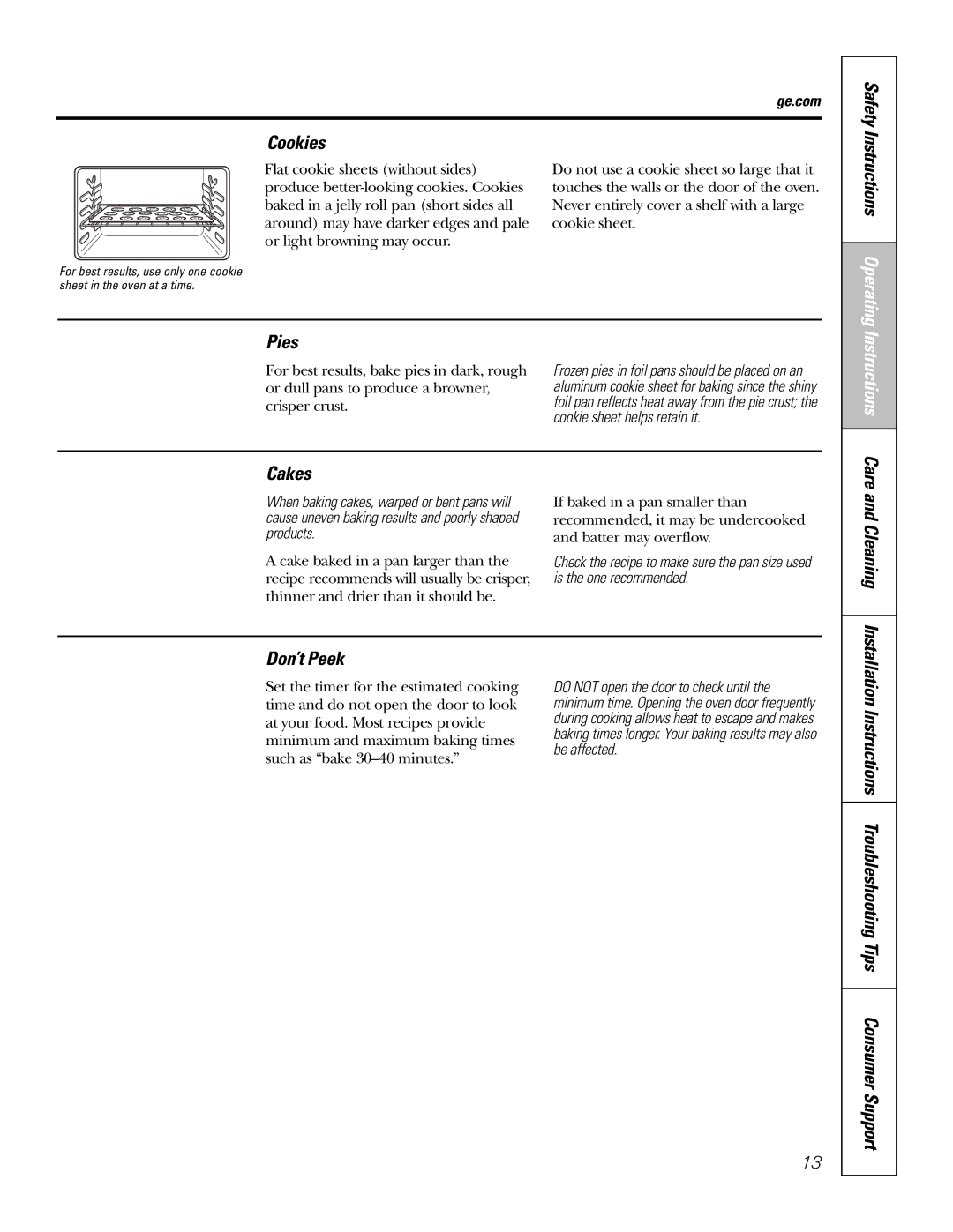 GE JGAS02 owner manual Cookies Safety, Pies, Cakes, Care and Cleaning Don’t Peek, Instructions Operating 