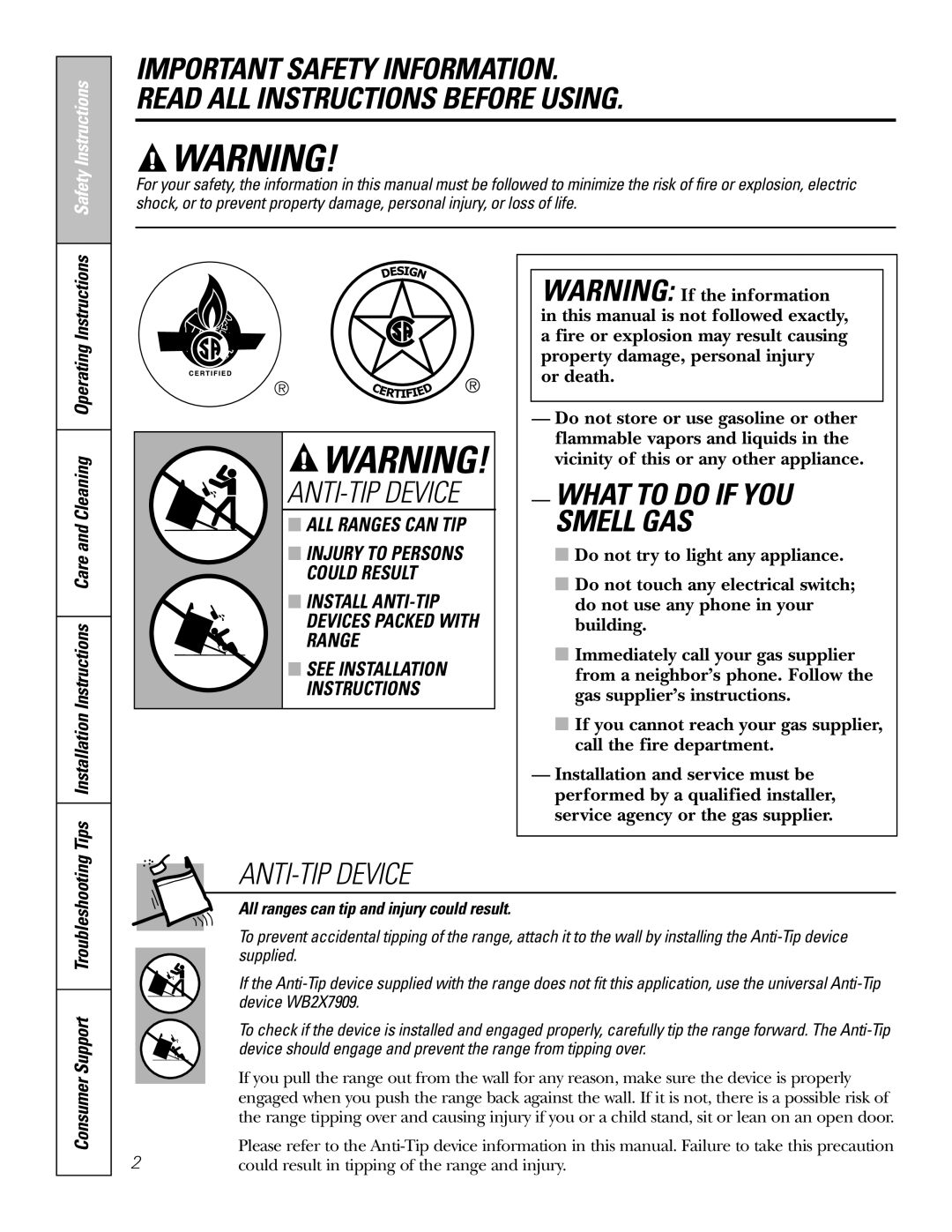 GE JGAS02 owner manual What to do if YOU Smell GAS 