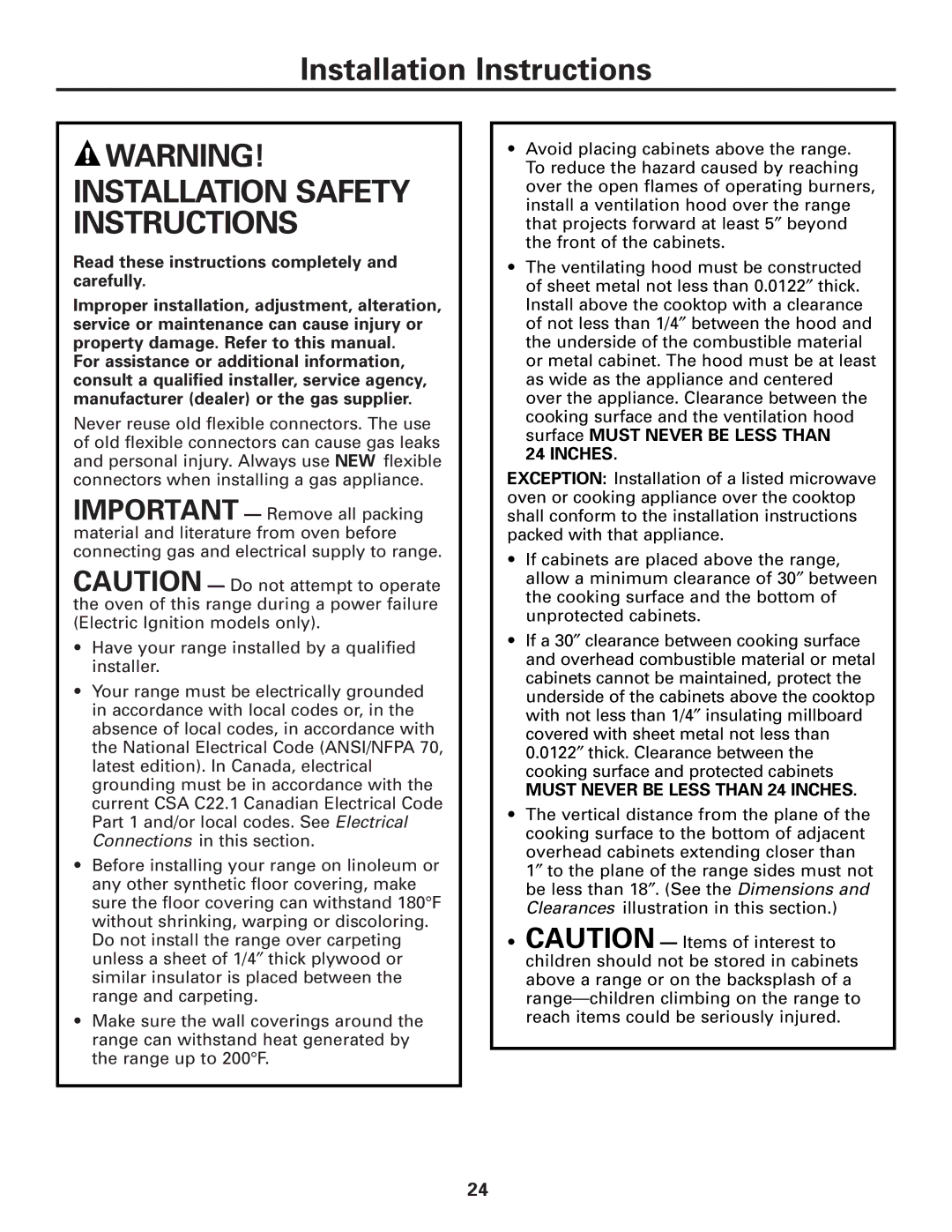 GE JGAS02 owner manual Installation Safety Instructions 