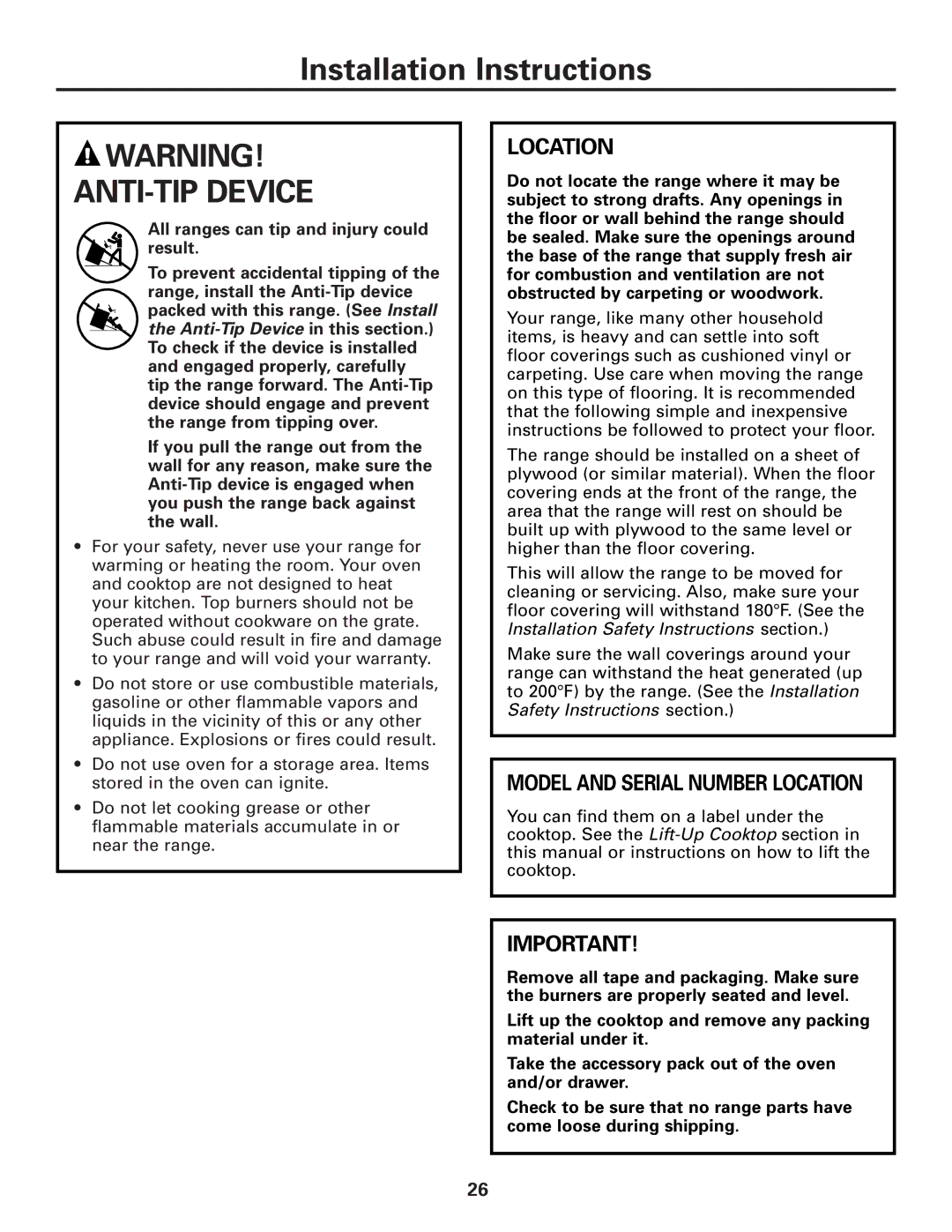 GE JGAS02 owner manual ANTI-TIP Device, Location 