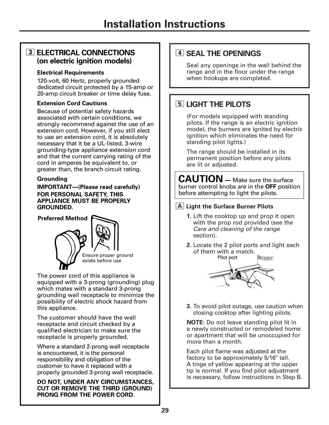 GE JGAS02 owner manual Seal the Openings, Light the Pilots 