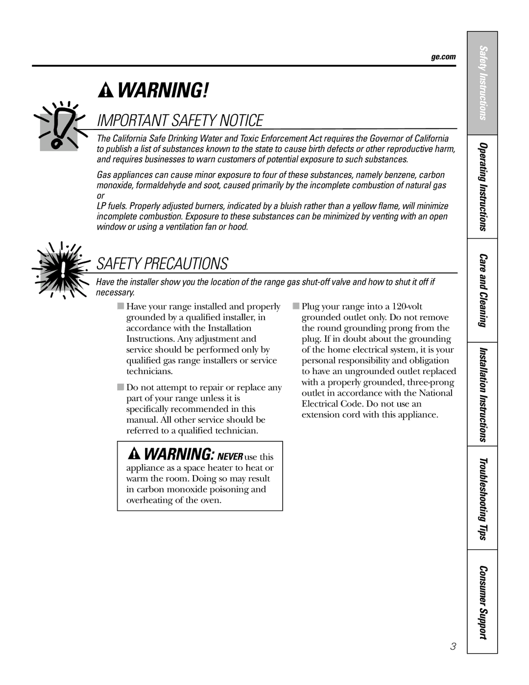 GE JGAS02 owner manual Safety Instructions Operating Instructions Care, Ge.com 