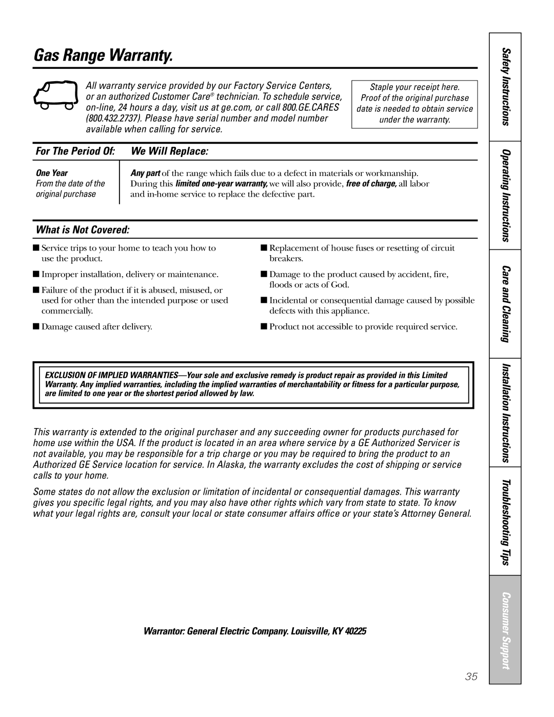 GE JGAS02 owner manual Gas Range Warranty, We Will Replace, What is Not Covered, Care and Cleaning, One Year 