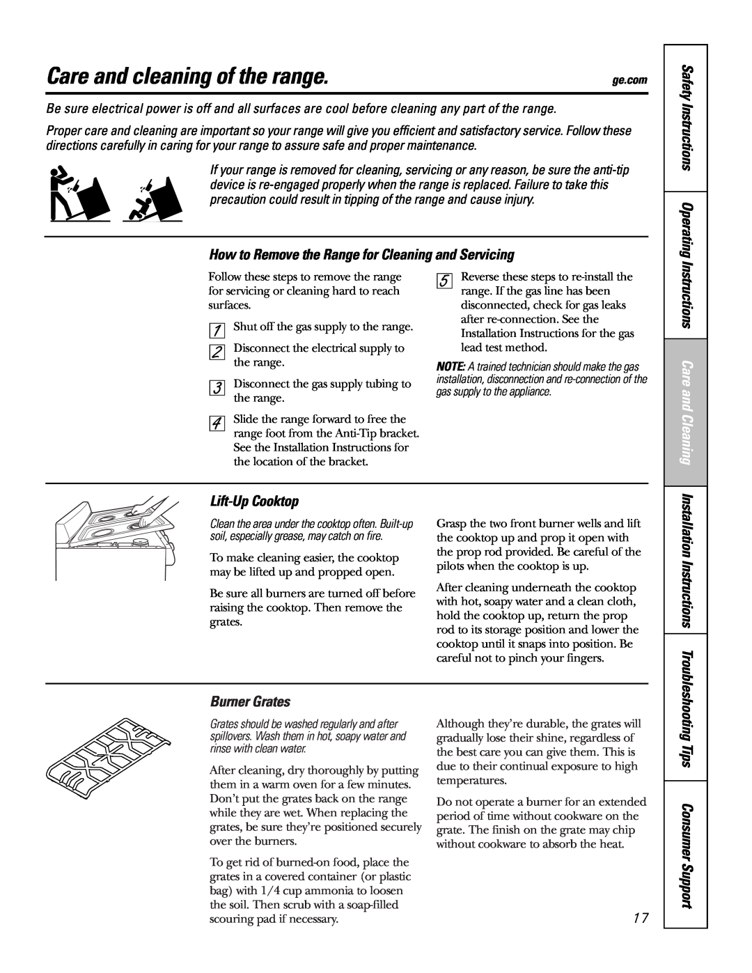 GE JGAS02 Care and cleaning of the range, Safety Instructions Operating, Instructions Care and Cleaning, Lift-UpCooktop 