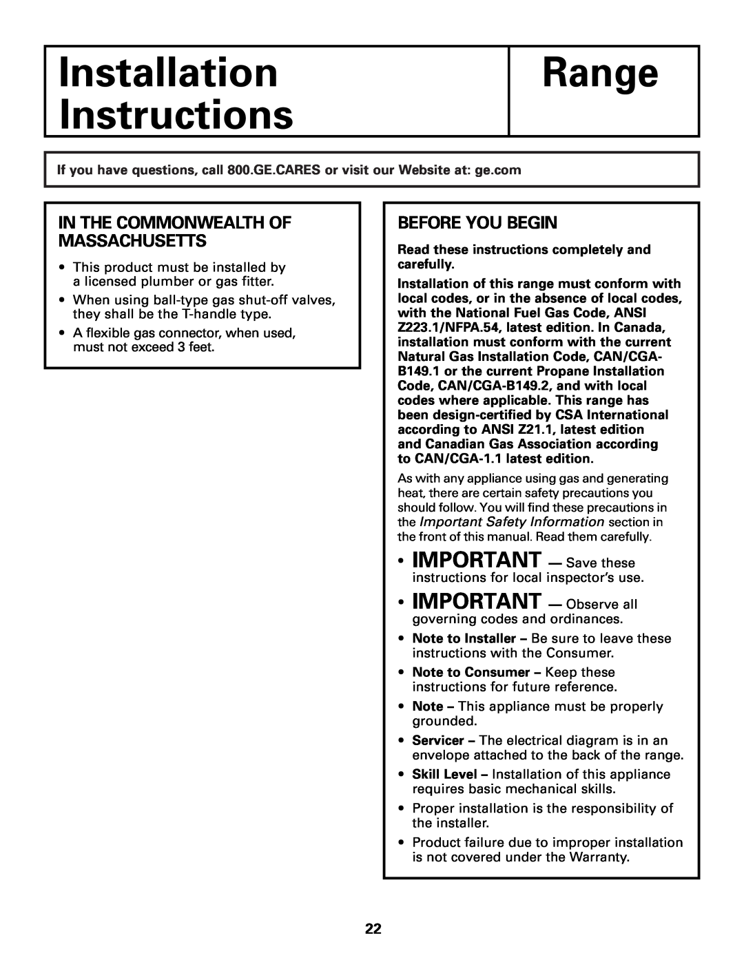 GE JGAS02 IMPORTANT - Save these, In The Commonwealth Of Massachusetts, Before You Begin, Installation Instructions, Range 