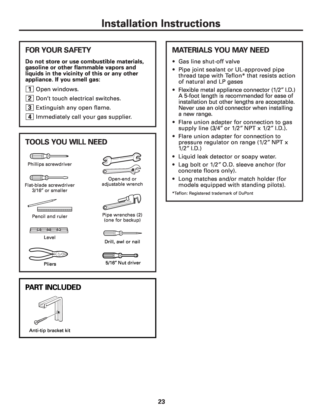 GE JGAS02 Installation Instructions, For Your Safety, Tools You Will Need, Part Included, Materials You May Need 