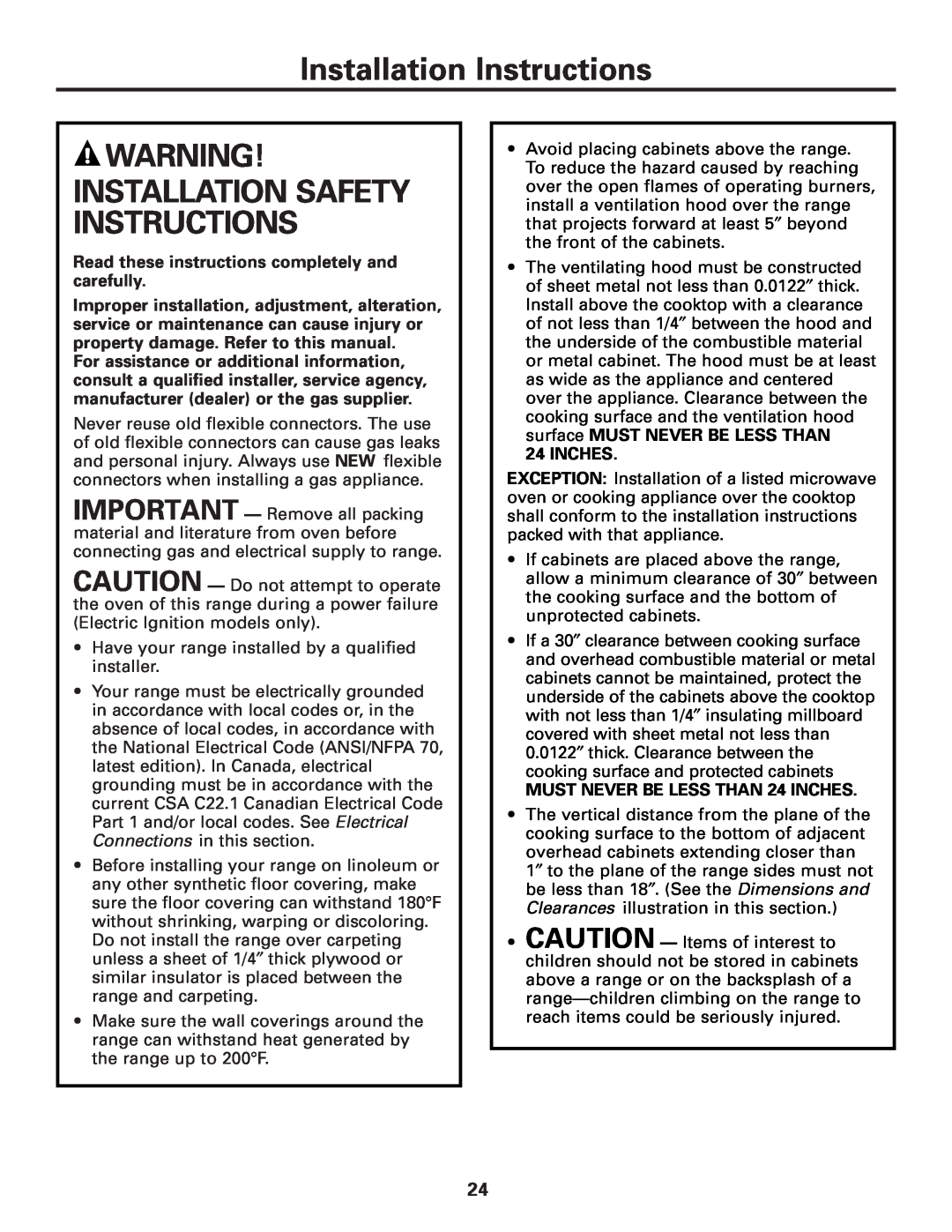 GE JGAS02 Installation Instructions, Installation Safety Instructions, Read these instructions completely and carefully 