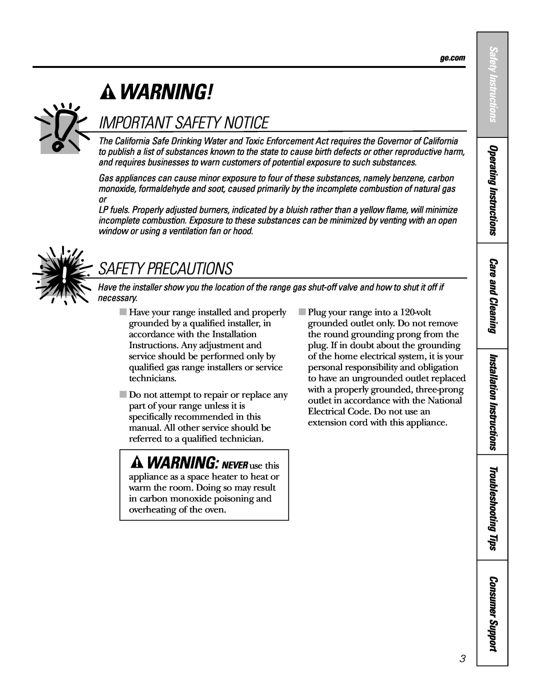 GE JGAS02 owner manual Important Safety Notice, Safety Precautions, WARNING NEVER use this 