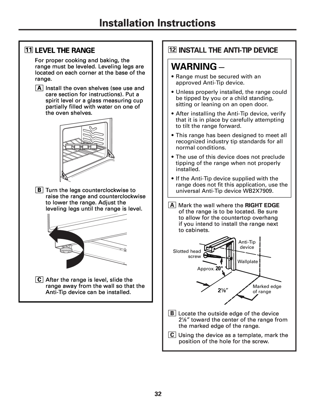 GE JGAS02 owner manual 11LEVEL THE RANGE, 12INSTALL THE ANTI-TIPDEVICE, Installation Instructions 