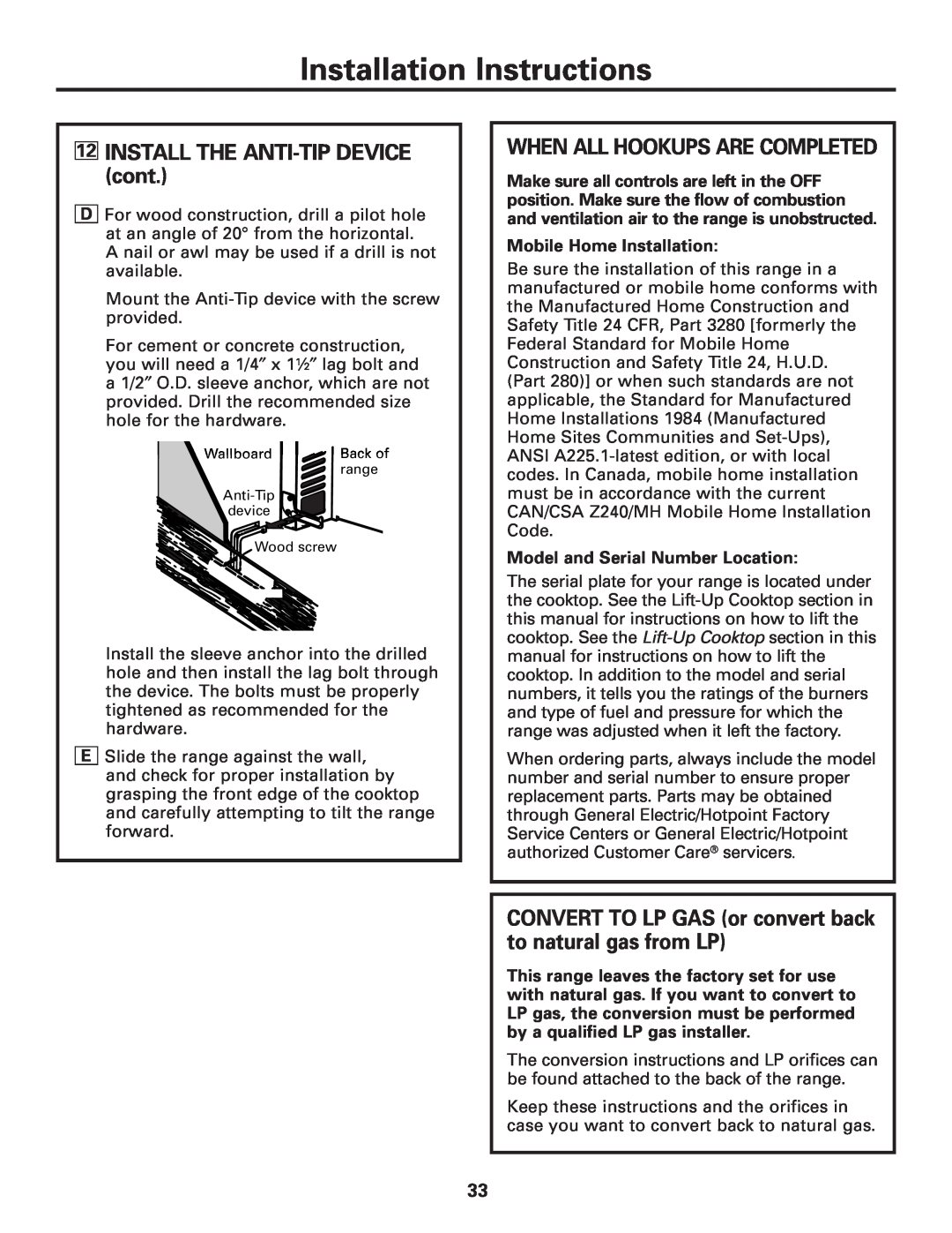 GE JGAS02 owner manual 12INSTALL THE ANTI-TIPDEVICE cont, When All Hookups Are Completed, Installation Instructions 