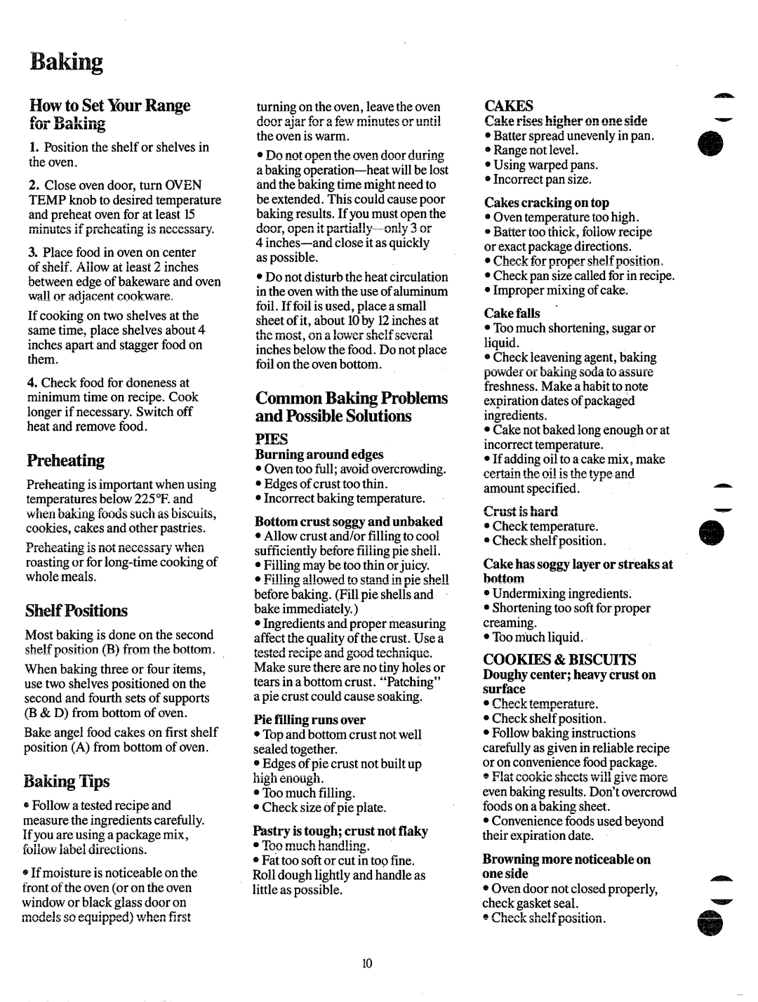 GE JGAS02PK HowtoSet YourRange forBaking, Reheating, ShelfPositions, Bating mps, CommonBakingProblems andPossibleSolutions 