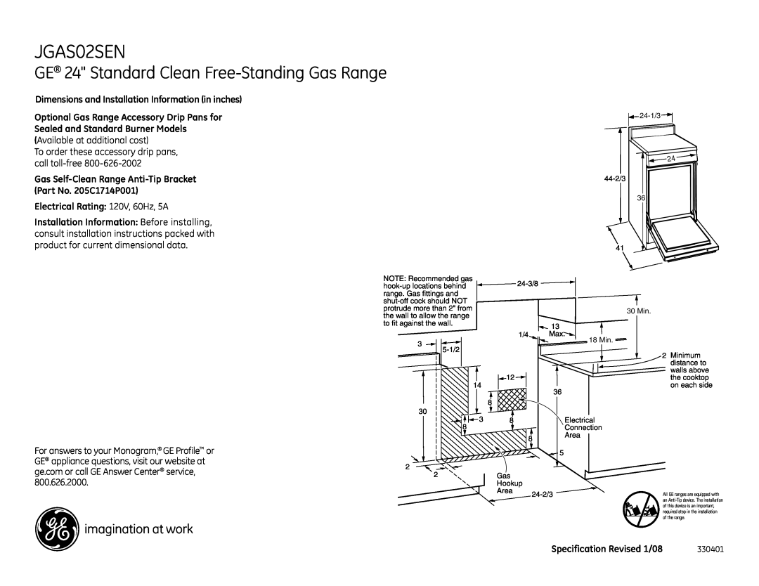 GE JGAS02SEN dimensions GE 24 Standard Clean Free-StandingGas Range, Dimensions and Installation Information in inches 