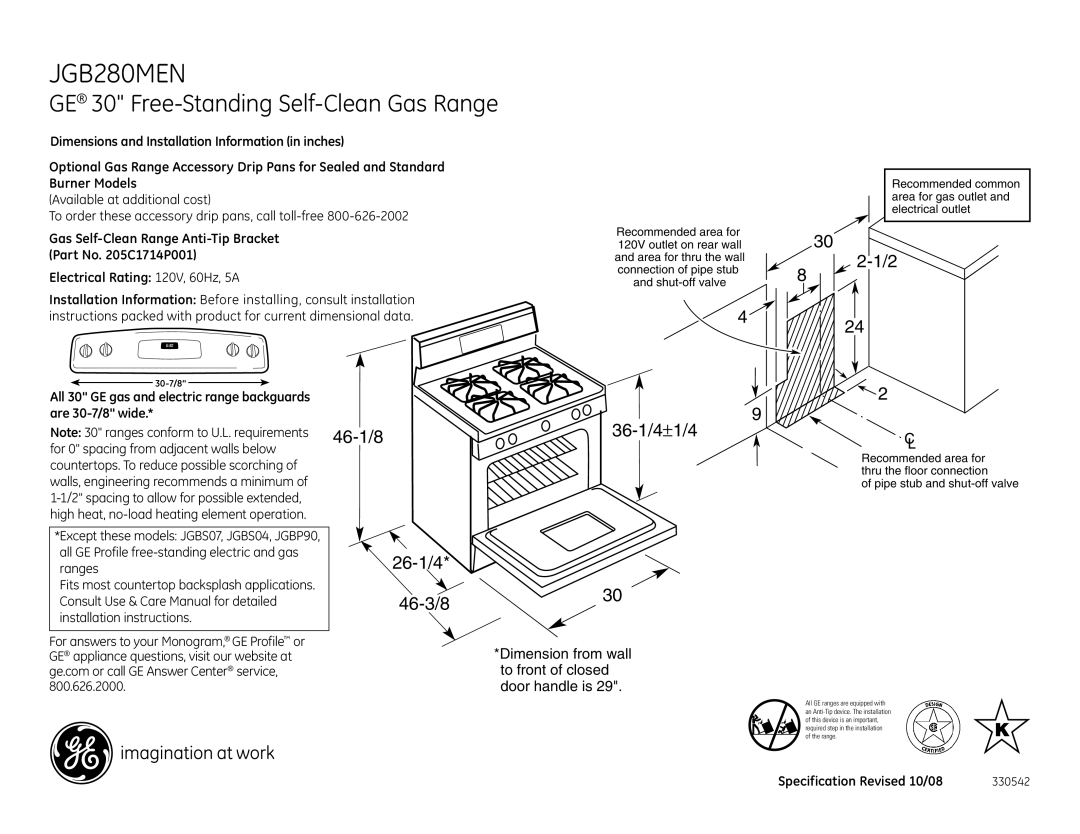 GE JGB280MENBS dimensions GE 30 Free-Standing Self-Clean Gas Range, 46-1/8 26-1/4 36-1/4±1/4, 46-3/8 