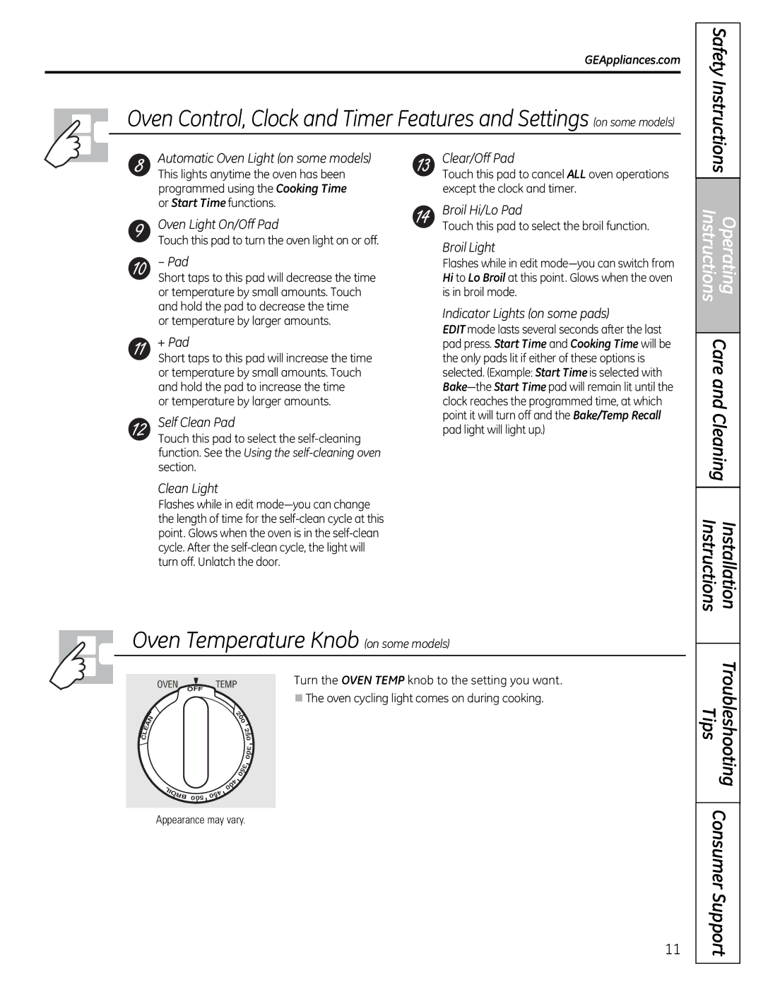 GE JgB280, JgB290 Safety Instructions, Touch this pad to turn the oven light on or off, Or temperature by larger amounts 