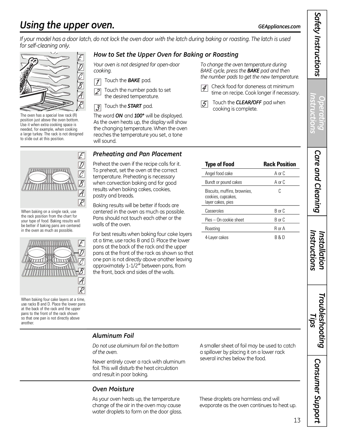 GE JgB280, JgB290 manual Using the upper oven, Care and Cleaning Installation Instructions, Support 