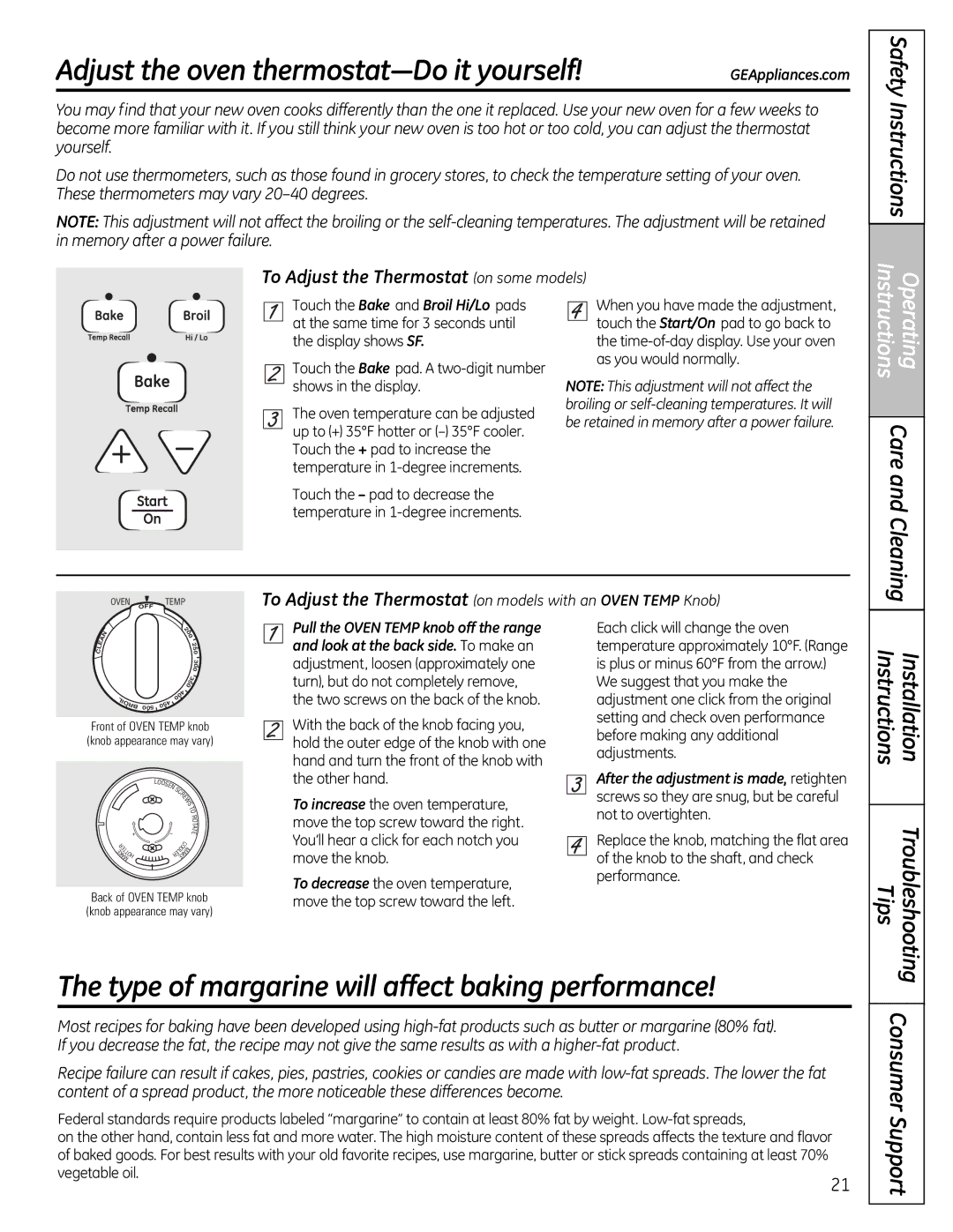 GE JgB280, JgB290 manual Adjust the oven thermostat-Do it yourself, Type of margarine will affect baking performance 