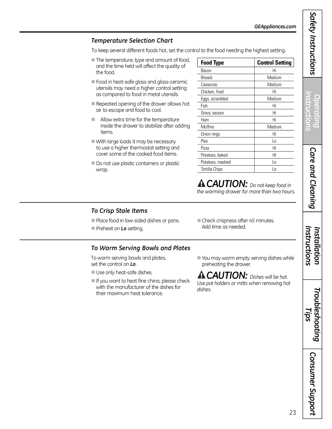 GE JgB280, JgB290 manual Temperature Selection Chart, To Crisp Stale Items, To Warm Serving Bowls and Plates 