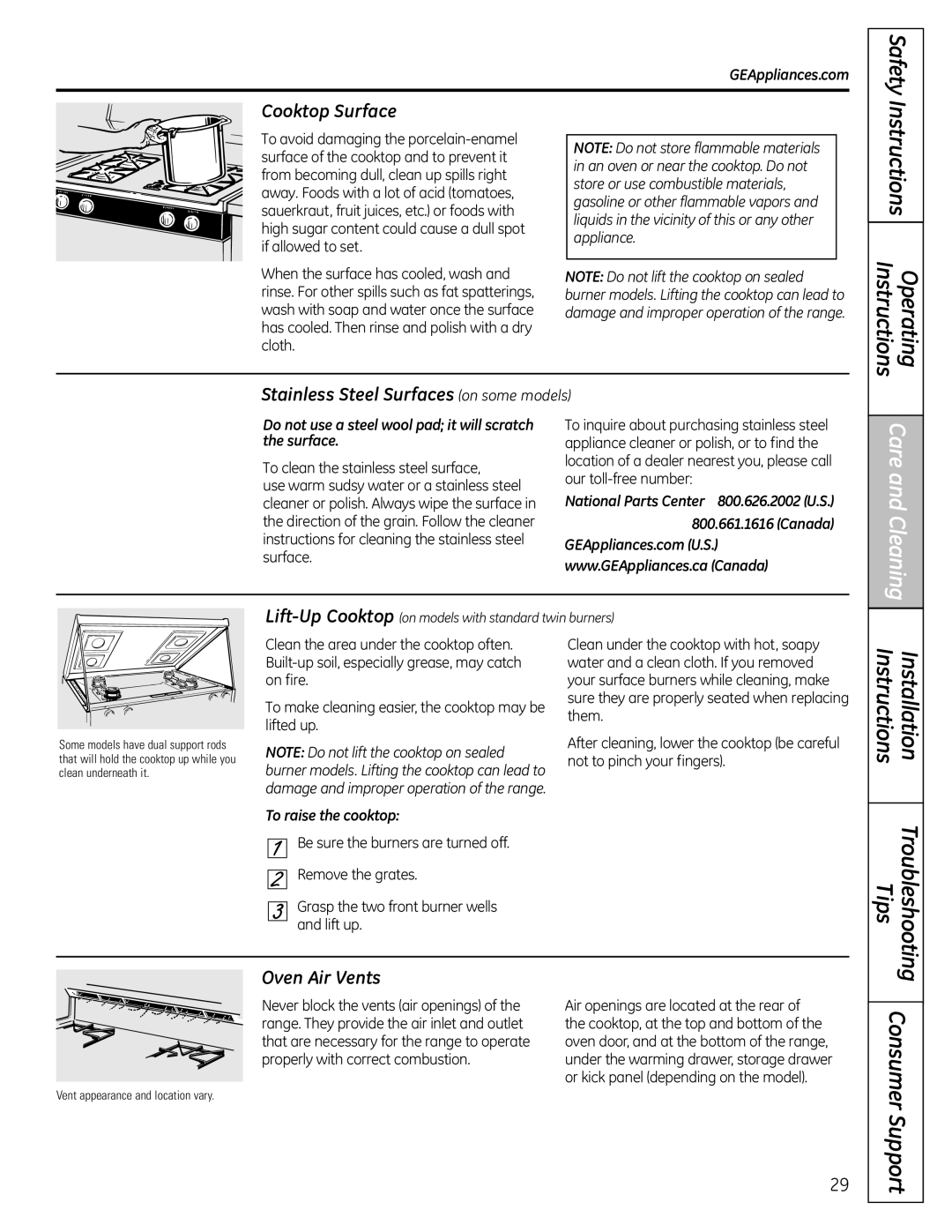 GE JgB280, JgB290 manual Operating Instructions, Tips Troubleshooting, Cooktop Surface, Oven Air Vents, To raise the cooktop 