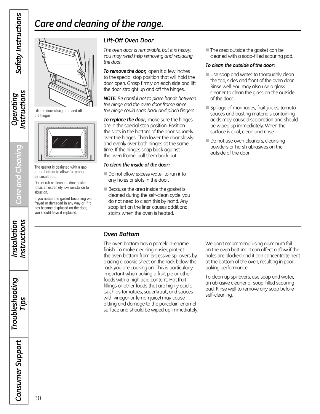 GE JgB290, JgB280 manual Lift-Off Oven Door, Oven Bottom, Oven frame, pull them back out, To clean the inside of the door 