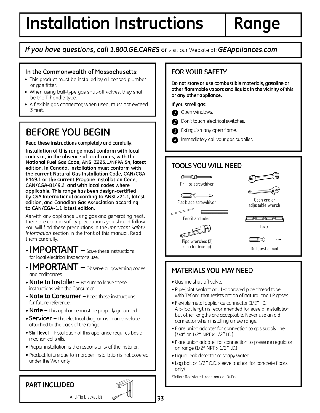 GE JgB280, JgB290 manual FoR yoUR SAFETy, TooLS yoU wILL Need, Materials yoU MAy Need, Gas line shut-off valve 