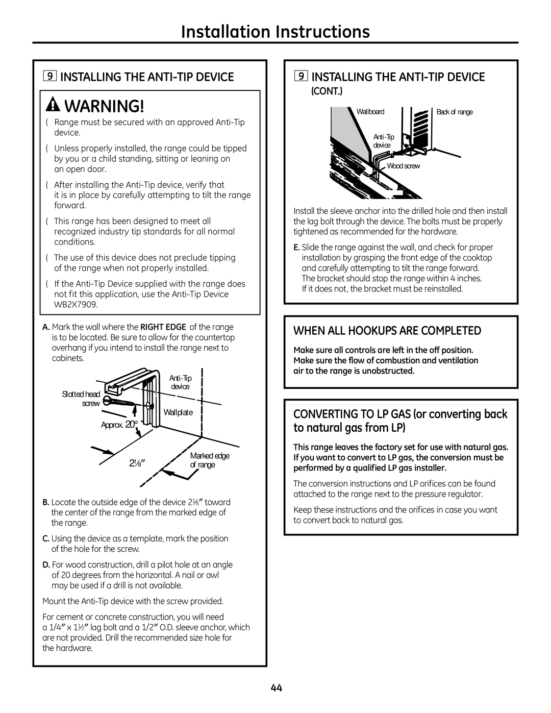 GE JgB290, JgB280 manual Installing the ANTI-TIP Device, WHEN ALL HooKUPS are CoMPLETED 